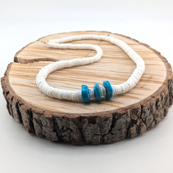 Navajo Graduated White Shell with Kingman Turquoise Beaded Necklace NA Jewelry * - Picture 11 of 11